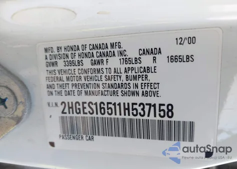 2001 Honda Civic Lx from USA, damaged, VIN 2HGES16511H537158